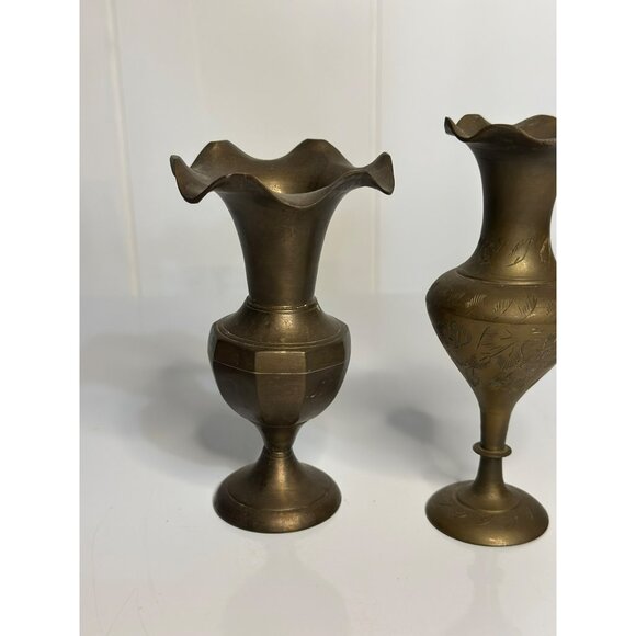 VTG Brass Vases – Footed Pedestal, Ruffled Rim, Etched Floral & Scroll Set of 2 - Picture 3 of 8